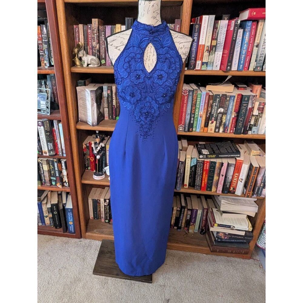 Vintage 90s Nina Canacci Women's Size 6 Blue Floral Embroidered Maxi Dress Gown
